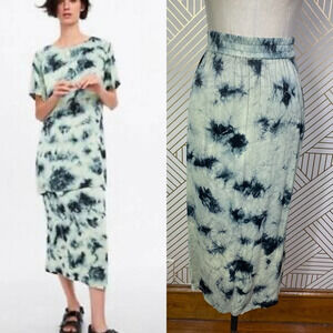 Zara The Batik Tie Dye Midi Slip Skirt in Green Blue‎ Size US XS